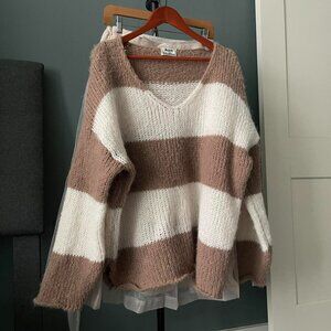 Acne studios oversized wide creamy tan stripes v neck sweater